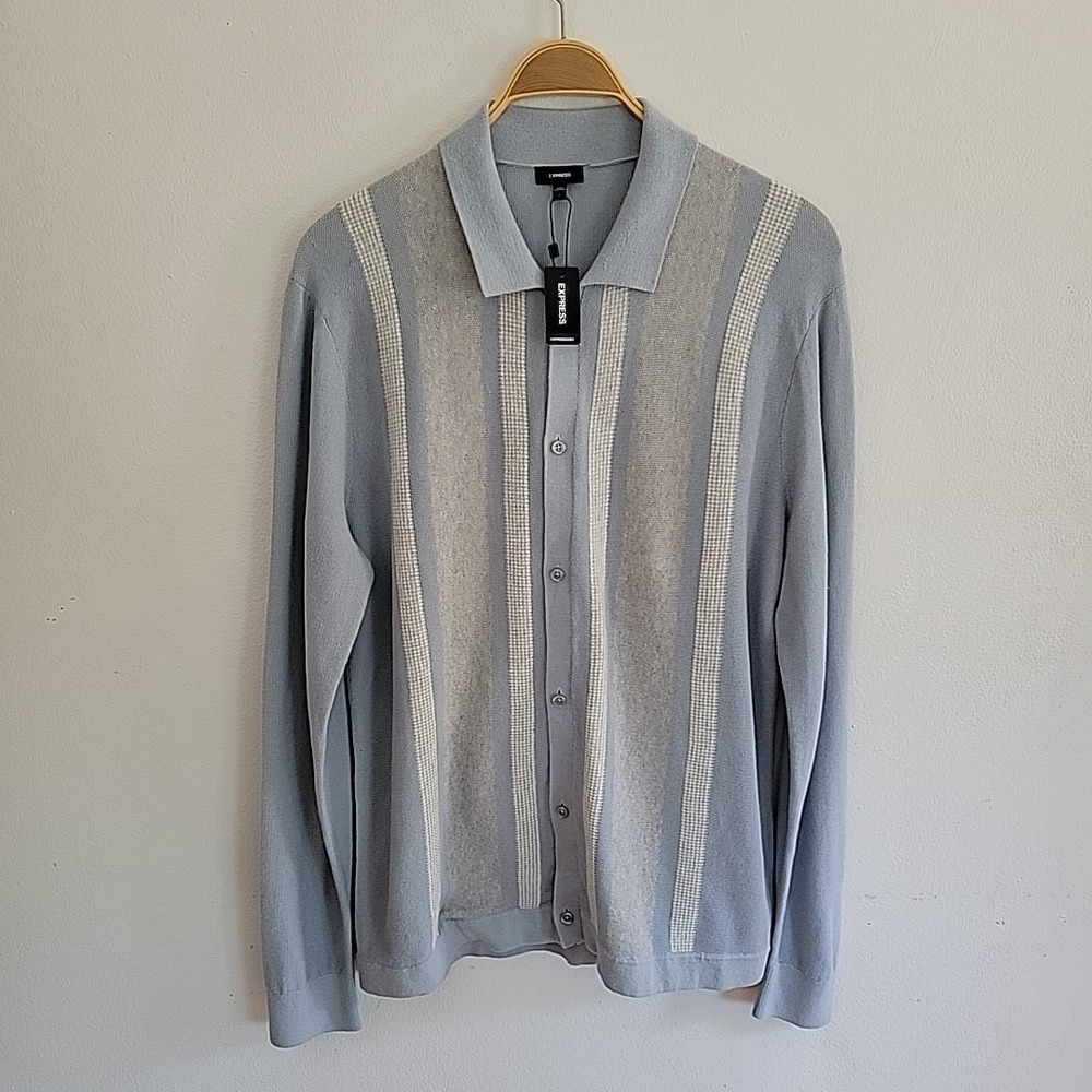 Express Polo Cardigan Large Striped Button Up NEW Academia Casual Preppy Retro